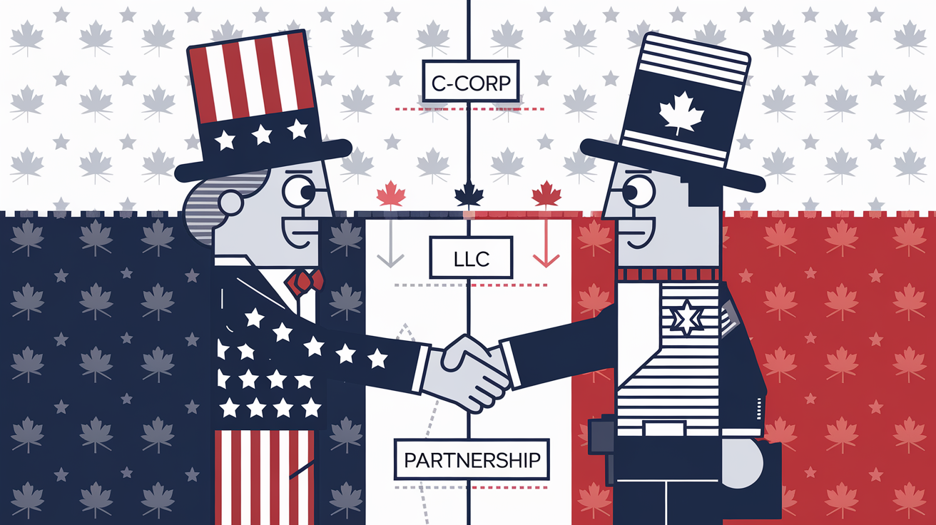 Blocky illustration of Uncle Sam and a Mountie shaking hands over a border, with business entity types as building blocks.