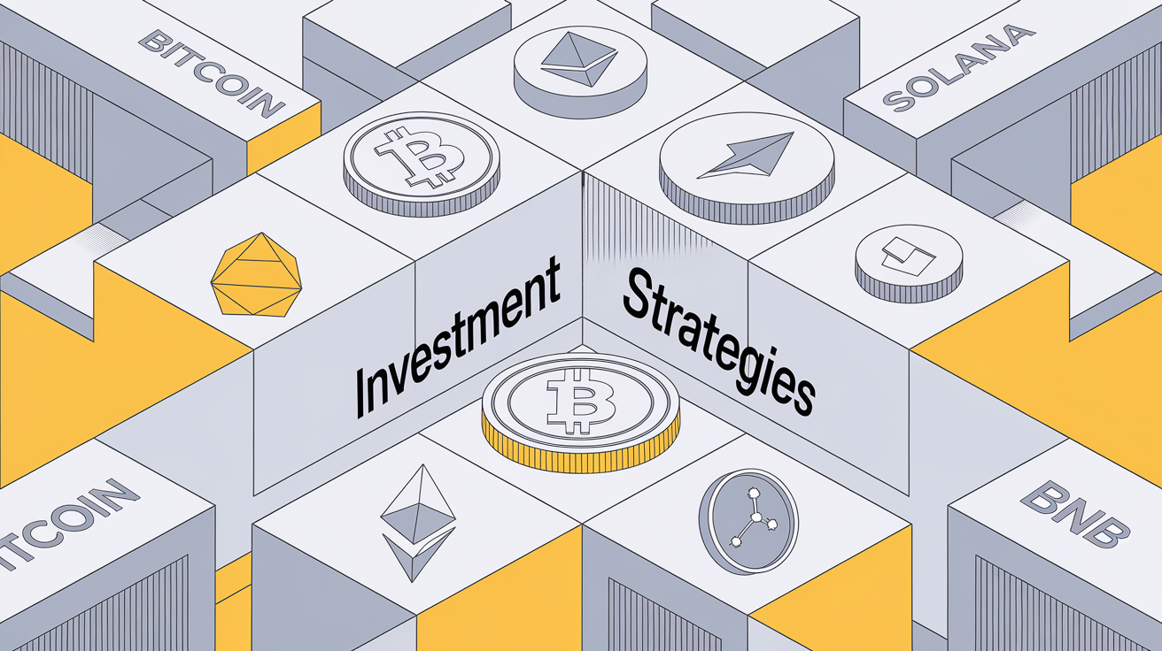 Block illustration of cryptocurrency coins as building blocks, representing investment strategies.