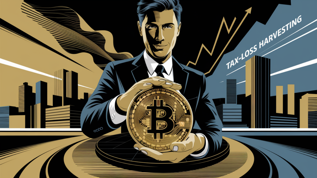 An advertising illustration of a person holding a Bitcoin with a cityscape and rising graph, subtly featuring "Tax-Loss Harvesting" on a billboard.