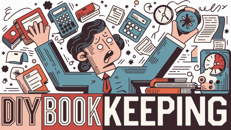 A person juggling bookkeeping tasks, feeling overwhelmed.