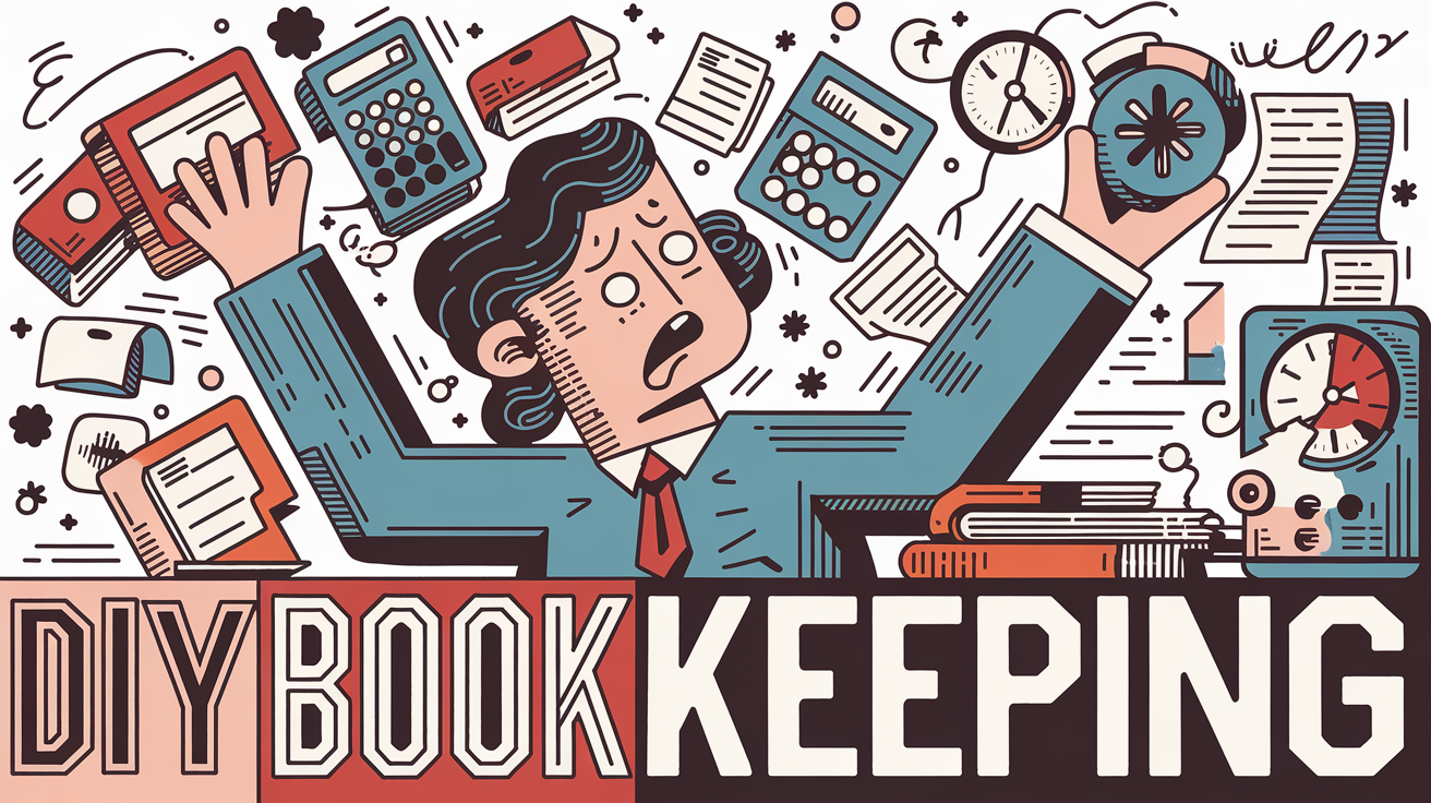 A person juggling bookkeeping tasks, feeling overwhelmed.