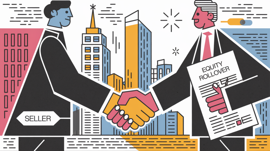 Two people shaking hands, with the words "Equity Rollover" on a document.