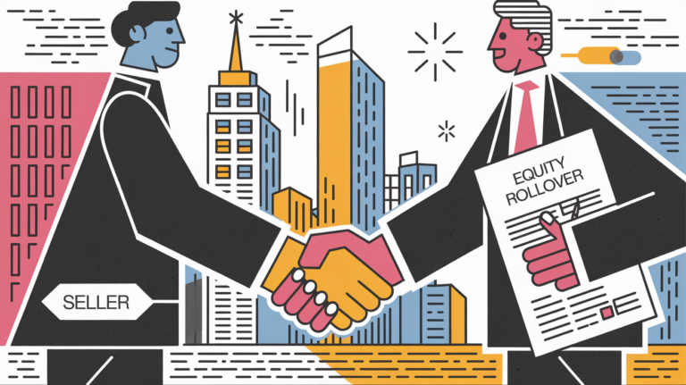 Two people shaking hands, with the words "Equity Rollover" on a document.