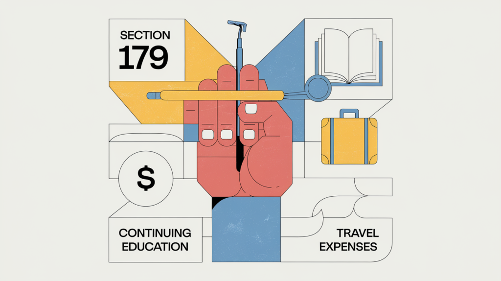 A graphic illustration of a hand holding a dental tool, with symbols representing tax deductions.