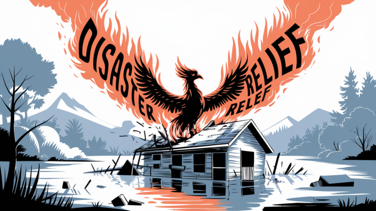 A phoenix rising from the ashes of a flood-damaged house with "Disaster Relief" in the smoke.