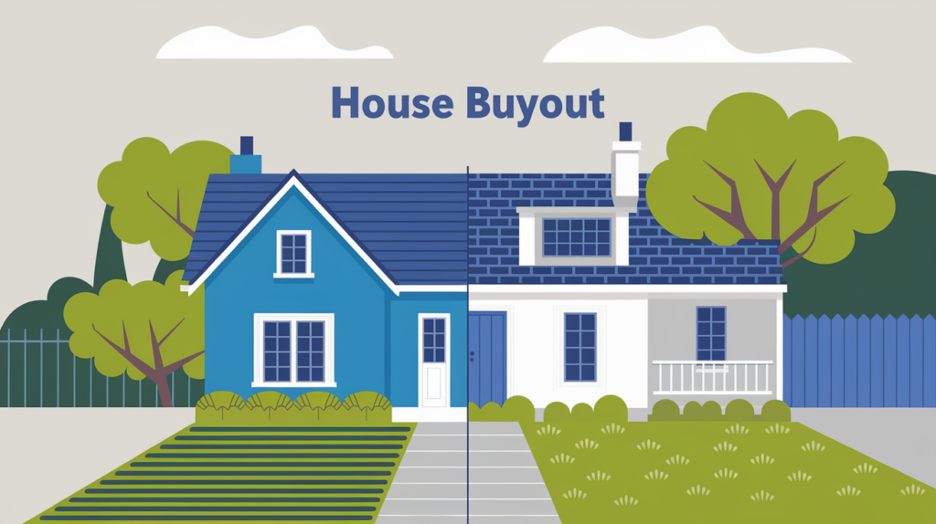 A block illustration of a house divided into two halves, representing a couple's share in a divorce settlement, with one half slightly larger to indicate the spouse who retains ownership after the buyout. The keyword "House Buyout" is subtly incorporated within the image.