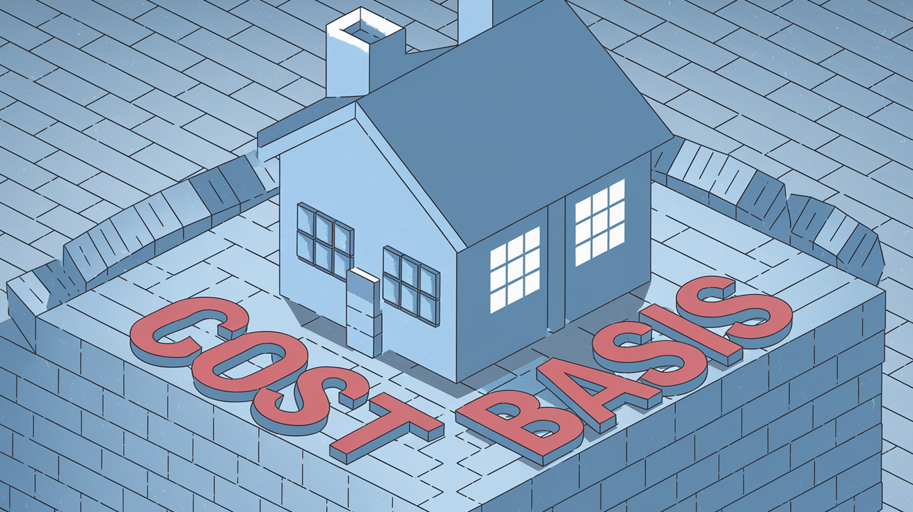 A block illustration of a house divided in half, with one half larger than the other, representing a divorce buyout. The keyword "Cost Basis" is displayed on the foundation.
