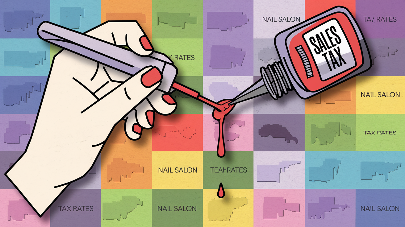A hand painting a nail with a brush, with a nail polish bottle labeled "Sales Tax".