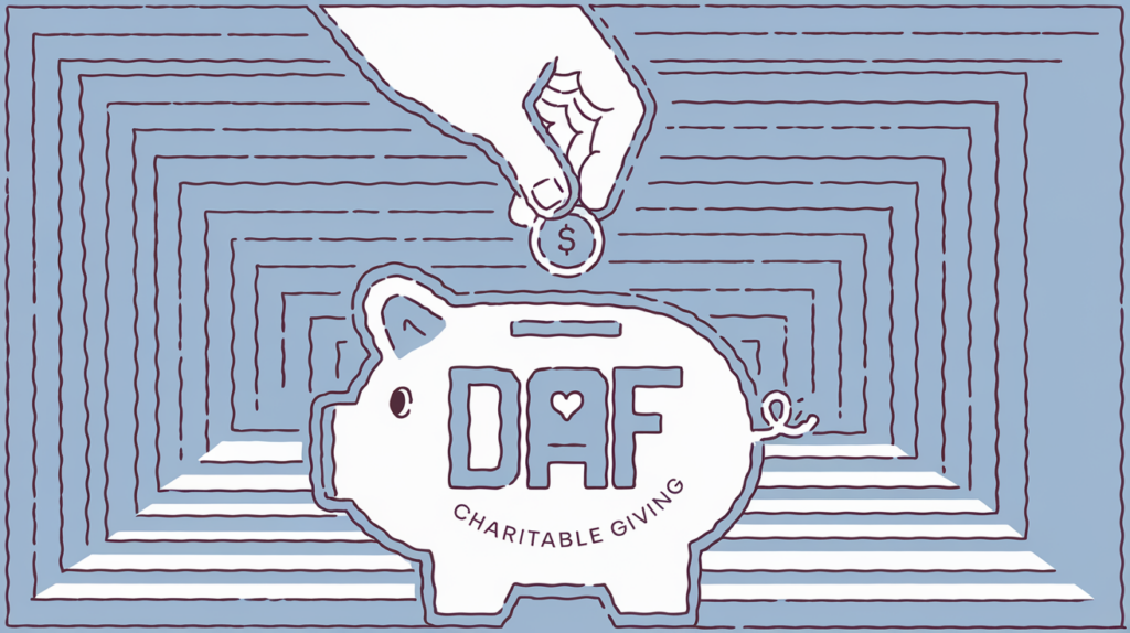 Block illustration of a hand dropping a coin into a stylized piggy bank with a heart symbol, representing a DAF and Charitable Giving.
