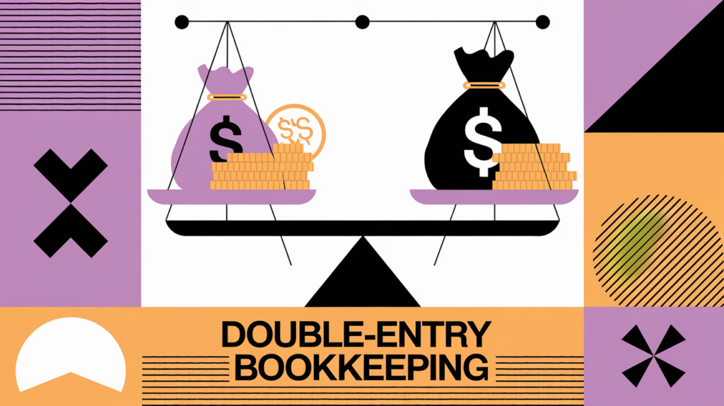 A block illustration of a balanced scale with money bags on both sides, representing the concept of double-entry bookkeeping.
