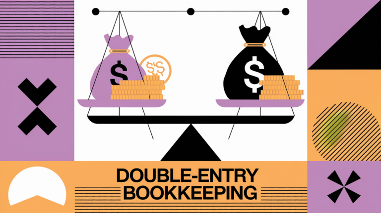 A block illustration of a balanced scale with money bags on both sides, representing the concept of double-entry bookkeeping.