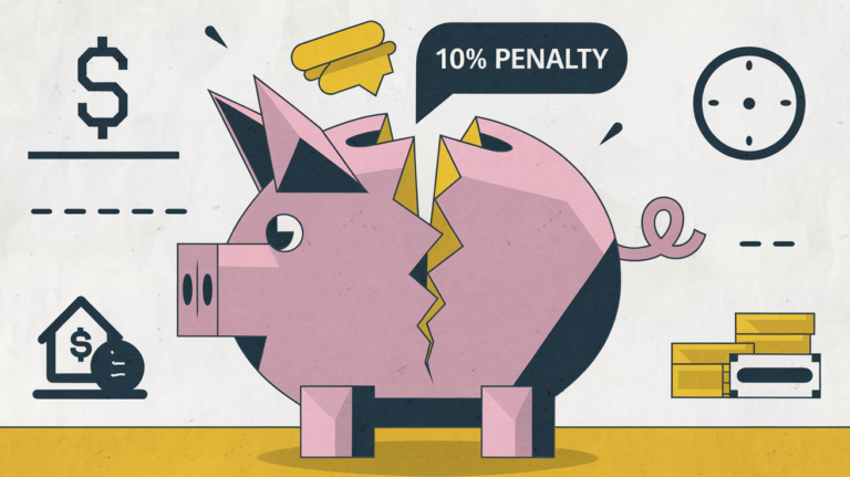 "Block illustration of a cracked piggy bank with a speech bubble saying '10% Penalty,' representing the consequences of early IRA withdrawal."