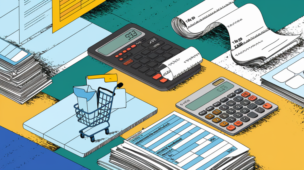 A collage illustration representing the multifaceted nature of e-commerce taxes, with layered images of online transactions, tax forms, calculators, and record-keeping tools.