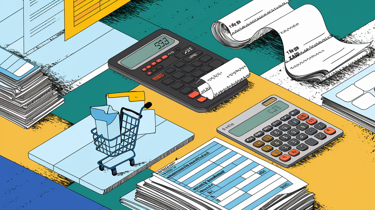 A collage illustration representing the multifaceted nature of e-commerce taxes, with layered images of online transactions, tax forms, calculators, and record-keeping tools.