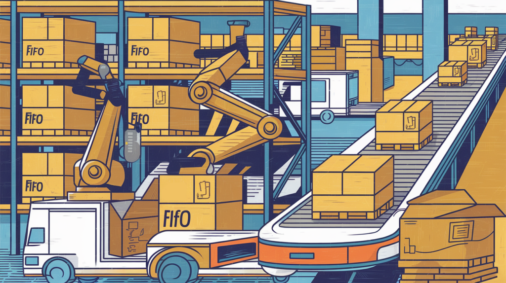 A colorful block illustration of an automated e-commerce warehouse with robots managing inventory.