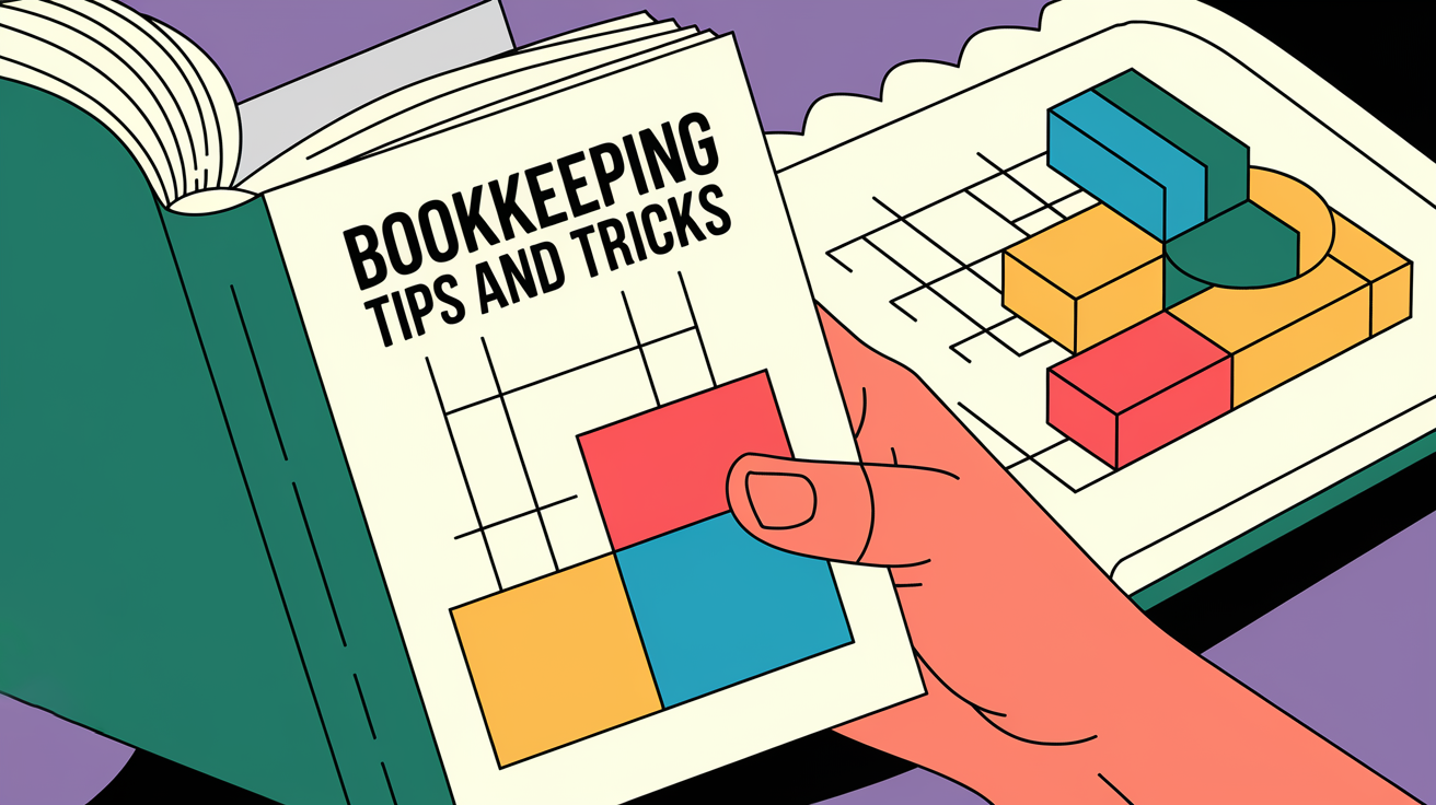 A block illustration of a hand holding a book titled "Bookkeeping Tips and Tricks" open to a page with colorful charts and diagrams, representing accessible financial information.