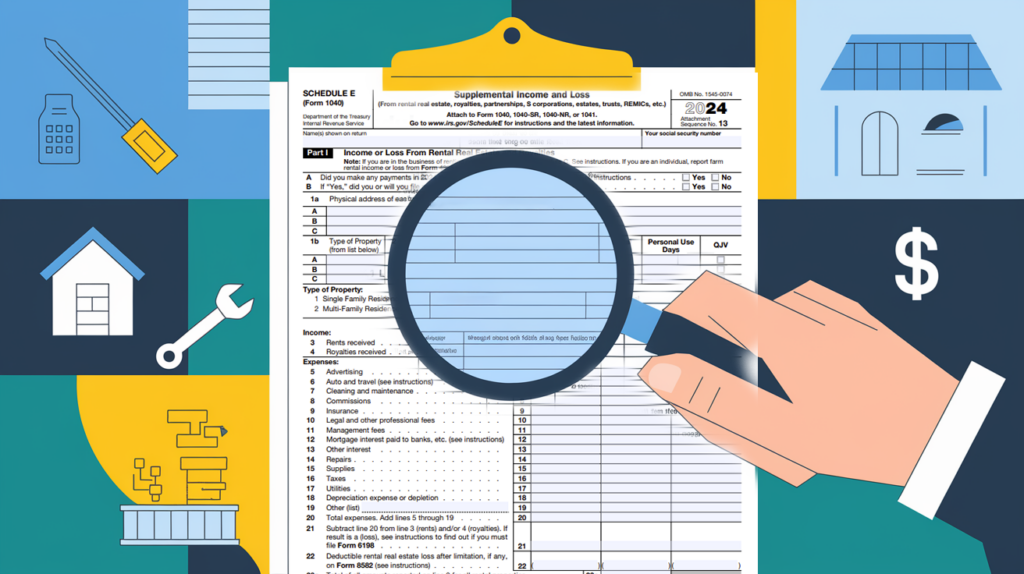 A stylized image of a hand holding a magnifying glass over a Schedule E tax form, with icons representing deductible expenses.