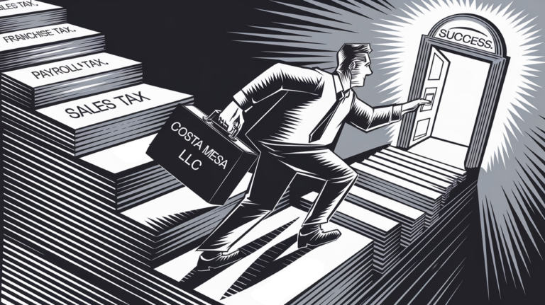 Woodcut illustration of a person climbing stairs made of tax forms towards a door labeled "Success."