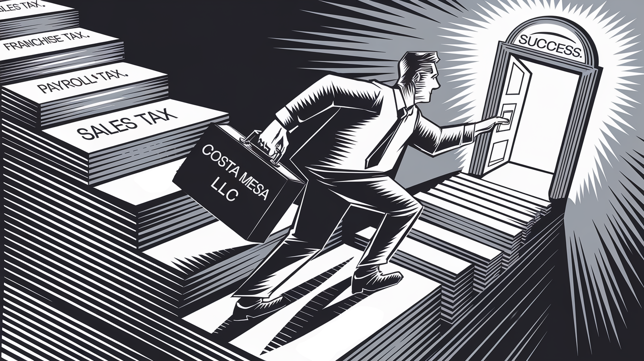 Woodcut illustration of a person climbing stairs made of tax forms towards a door labeled "Success."