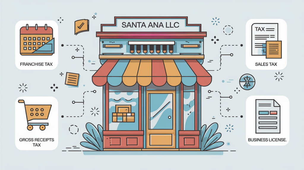 A block illustration showing a Santa Ana storefront with icons representing different LLC tax obligations.