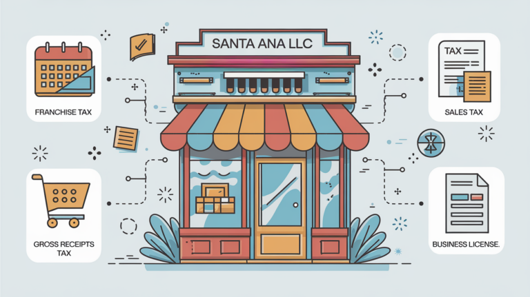 A block illustration showing a Santa Ana storefront with icons representing different LLC tax obligations.