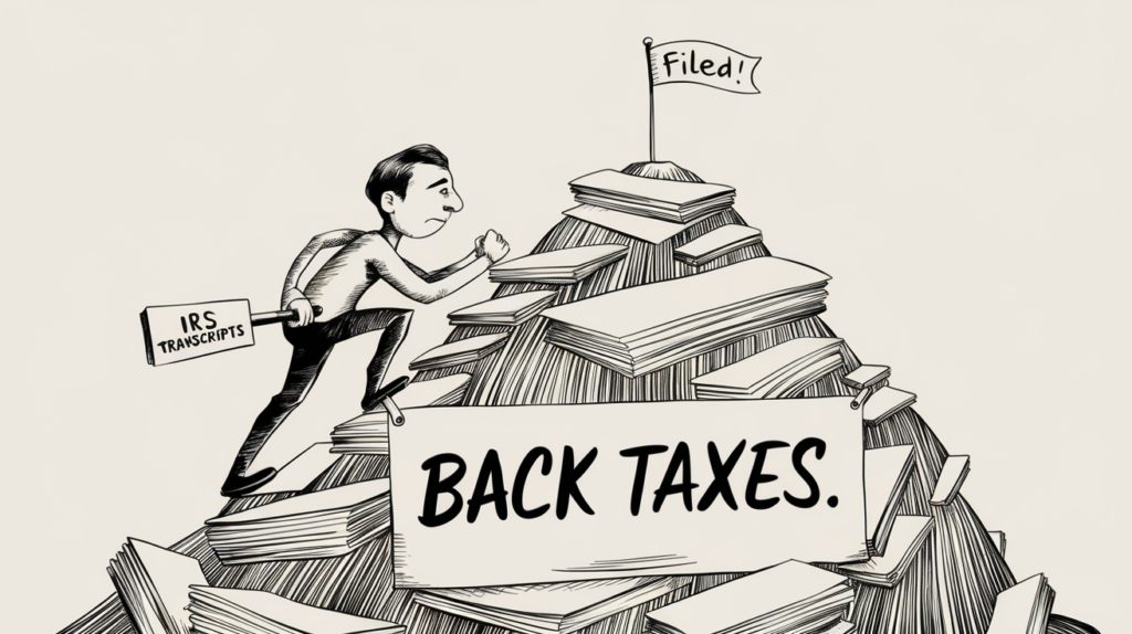 A detailed ink illustration of a person climbing a mountain of paperwork representing back taxes, with a "Filed!" flag at the summit.