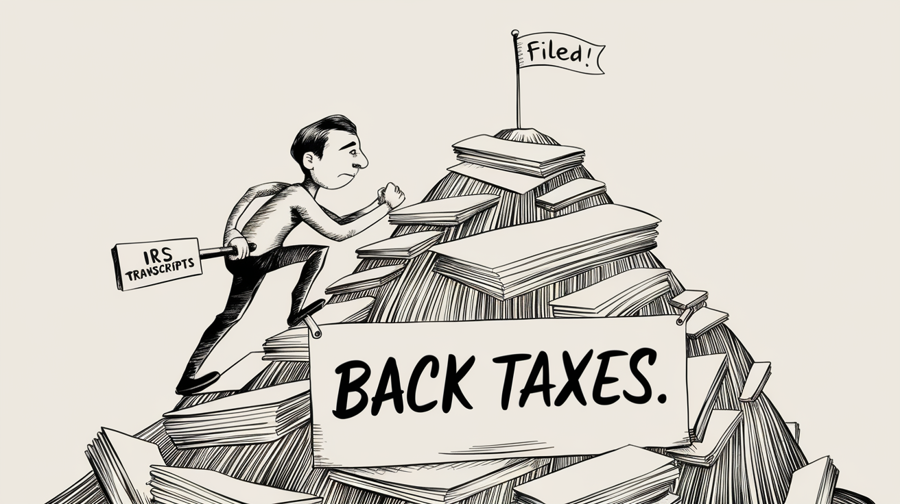 A detailed ink illustration of a person climbing a mountain of paperwork representing back taxes, with a "Filed!" flag at the summit.