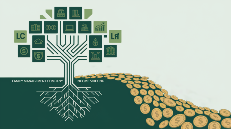 A family tree morphing into a stream of coins, representing tax optimization through a Family Management Company.