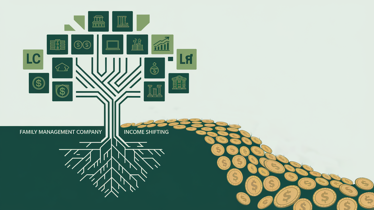 A family tree morphing into a stream of coins, representing tax optimization through a Family Management Company.