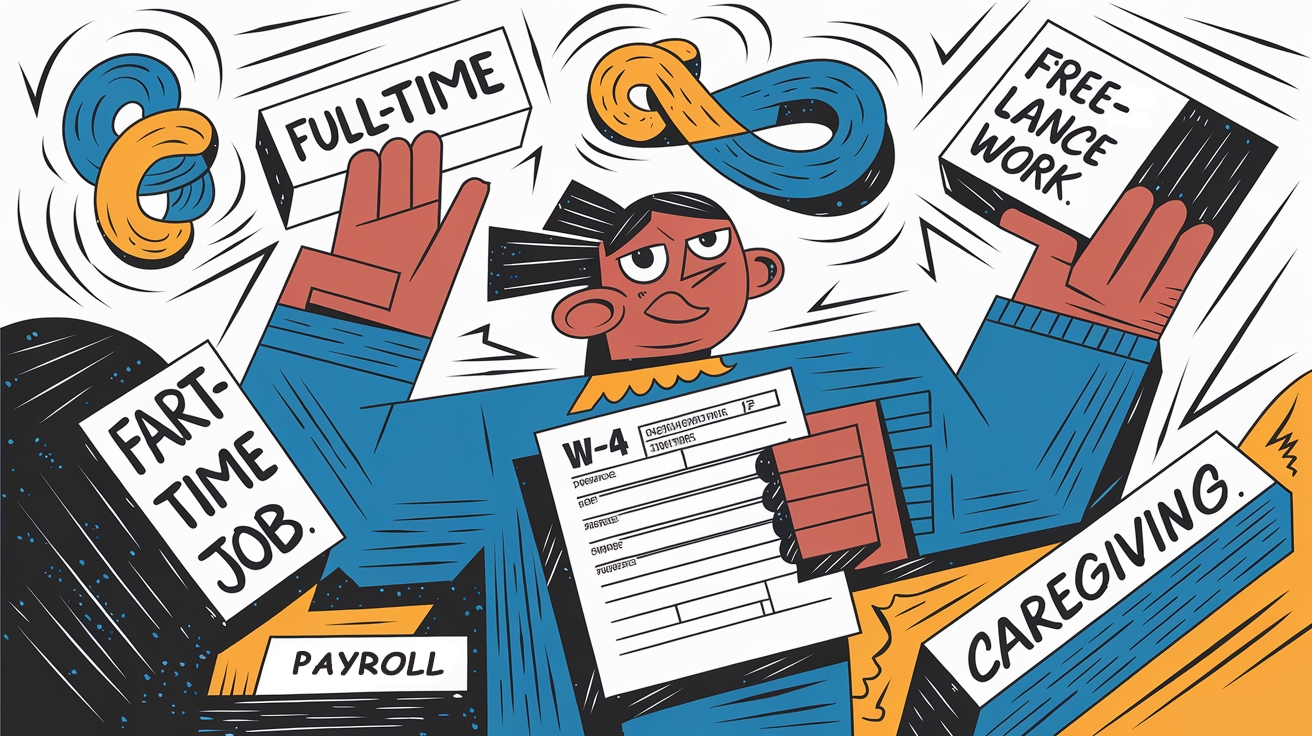 A person juggling multiple jobs and a W-4 form.