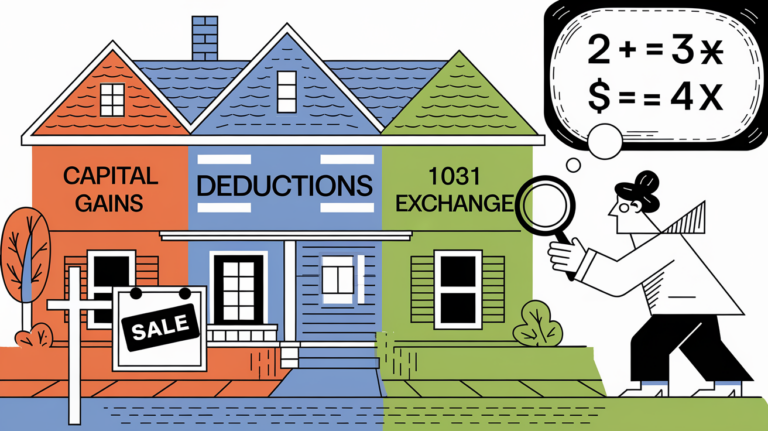 Block illustration of a house divided into sections representing tax implications of house flipping.