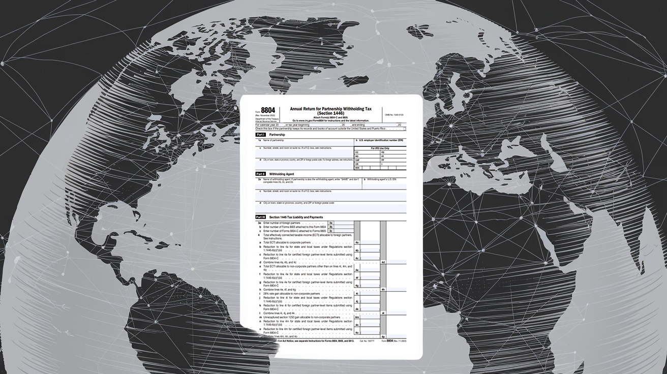 An illustration of a globe with Form 8804 superimposed, highlighting "Tax Treaties."