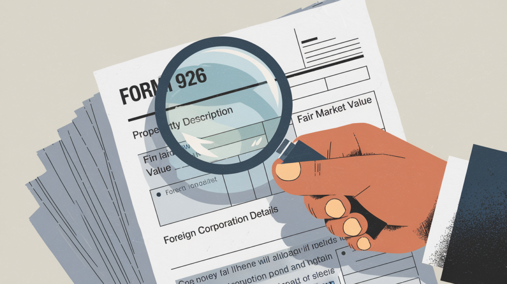 A hand holding a magnifying glass over Form 926.