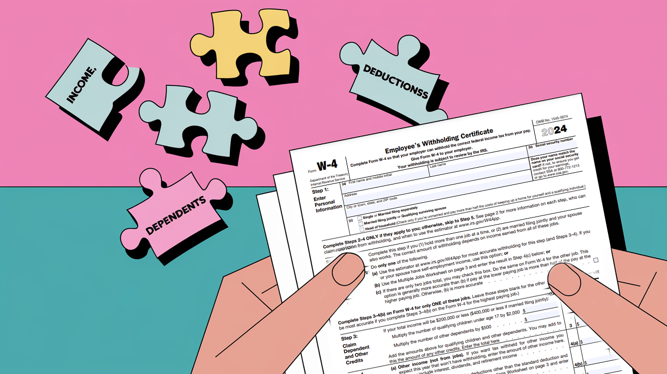 A hand holding a W-4 tax form surrounded by puzzle pieces representing life events.