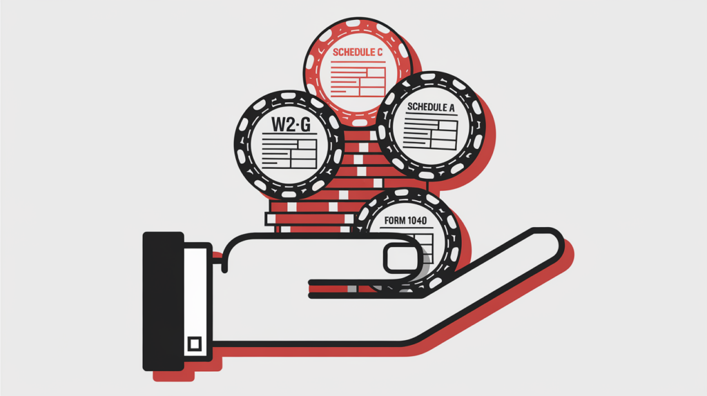 A hand holding poker chips labeled with tax forms.
