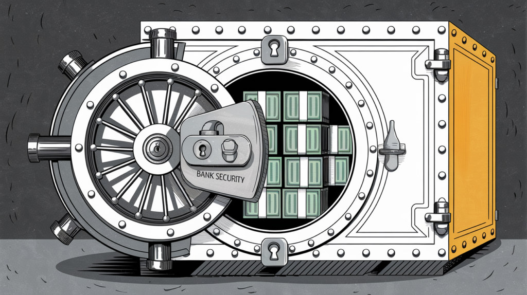 A stylized illustration of a bank vault, representing the security measures banks use to protect customer funds.