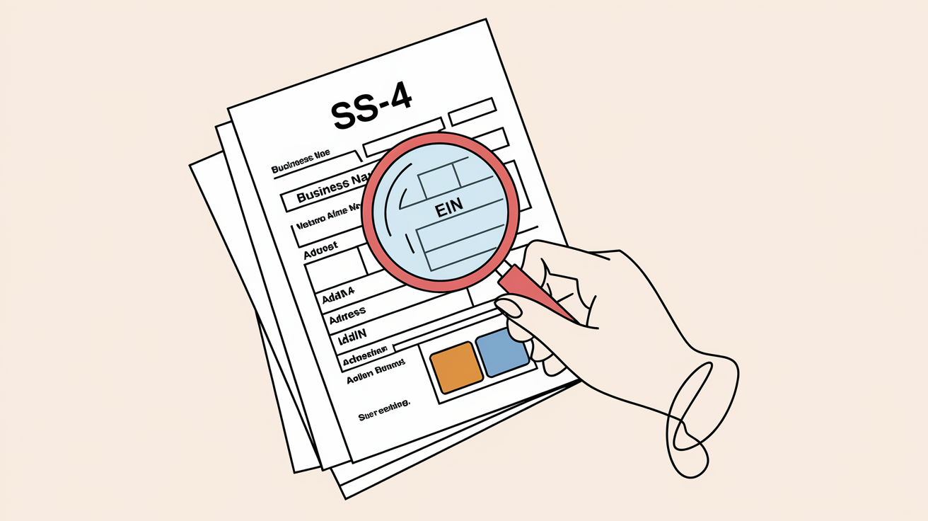 Line art drawing of a hand holding a magnifying glass over a form.