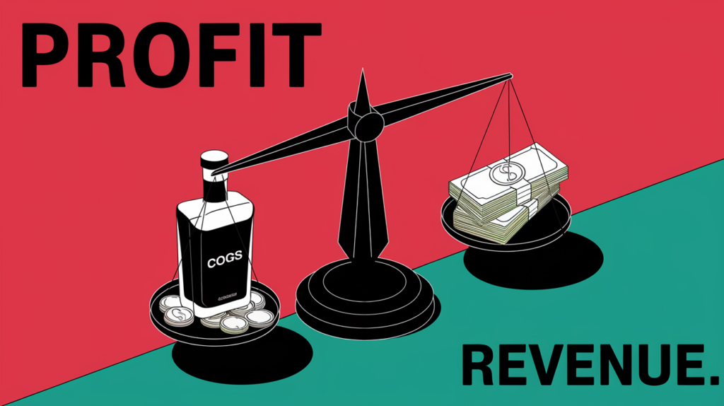 Block illustration of a scale with "COGS" and "Revenue" on either side, tipping towards "Revenue."