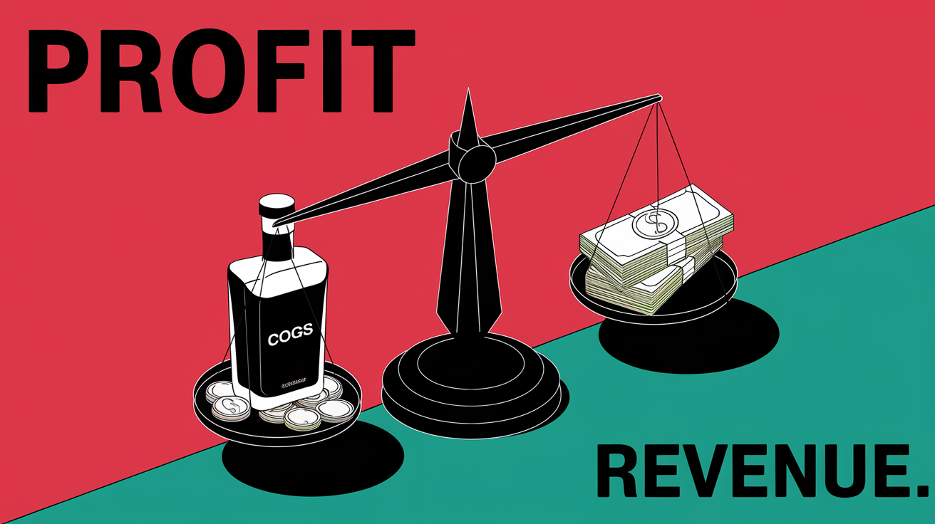 Block illustration of a scale with "COGS" and "Revenue" on either side, tipping towards "Revenue."