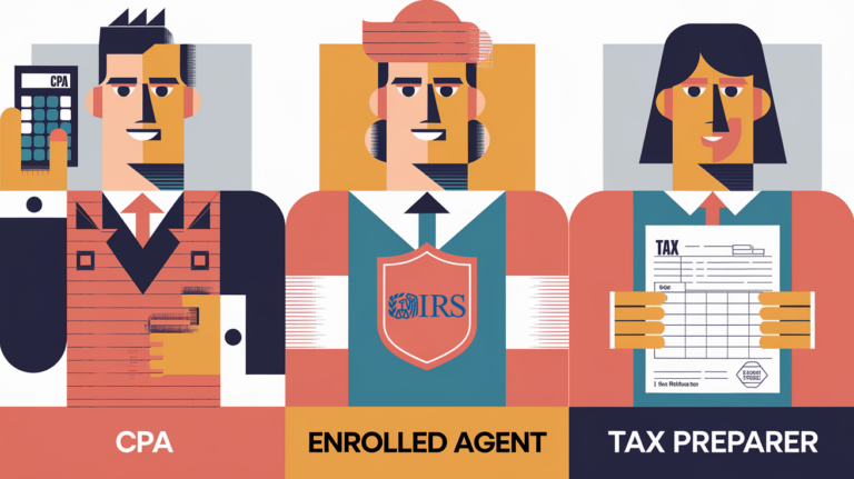 A vector graphic illustrating the differences between a CPA, Enrolled Agent, and Tax Preparer.