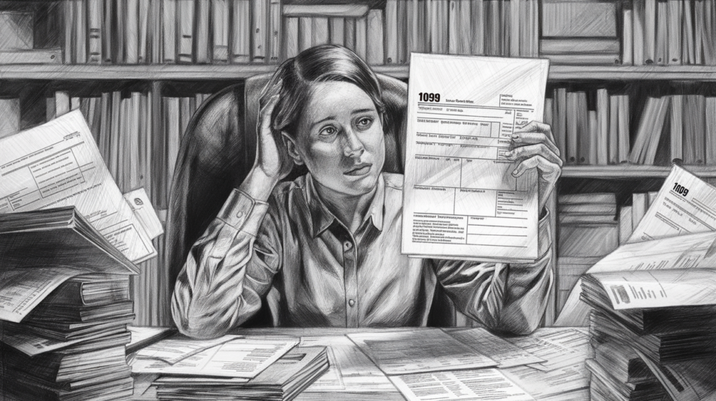A pencil sketch of a person reviewing a 1099 form at a desk.