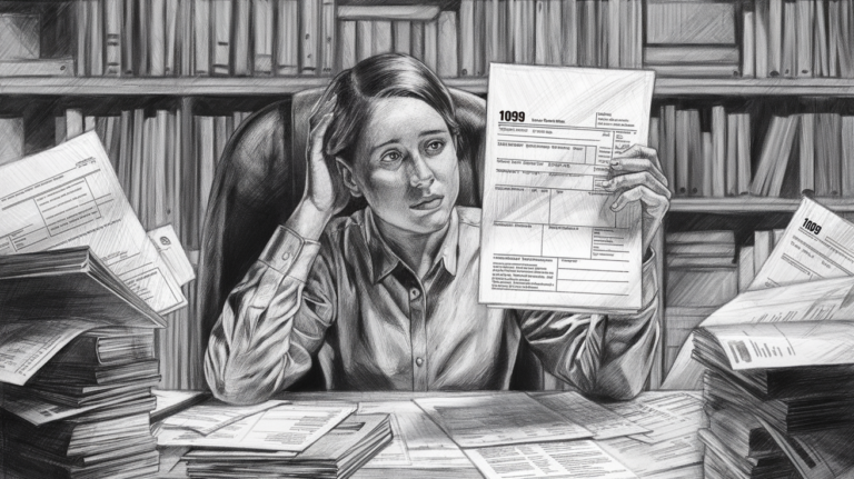 A pencil sketch of a person reviewing a 1099 form at a desk.
