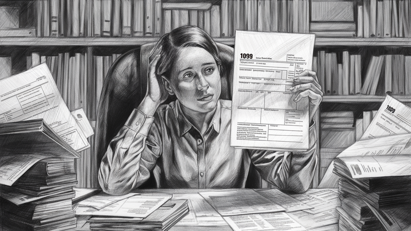 A pencil sketch of a person reviewing a 1099 form at a desk.