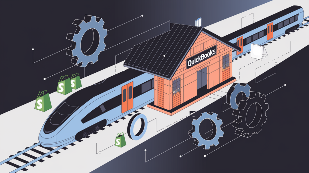 A stylized train labeled "Shopify" connecting to a station labeled "QuickBooks."