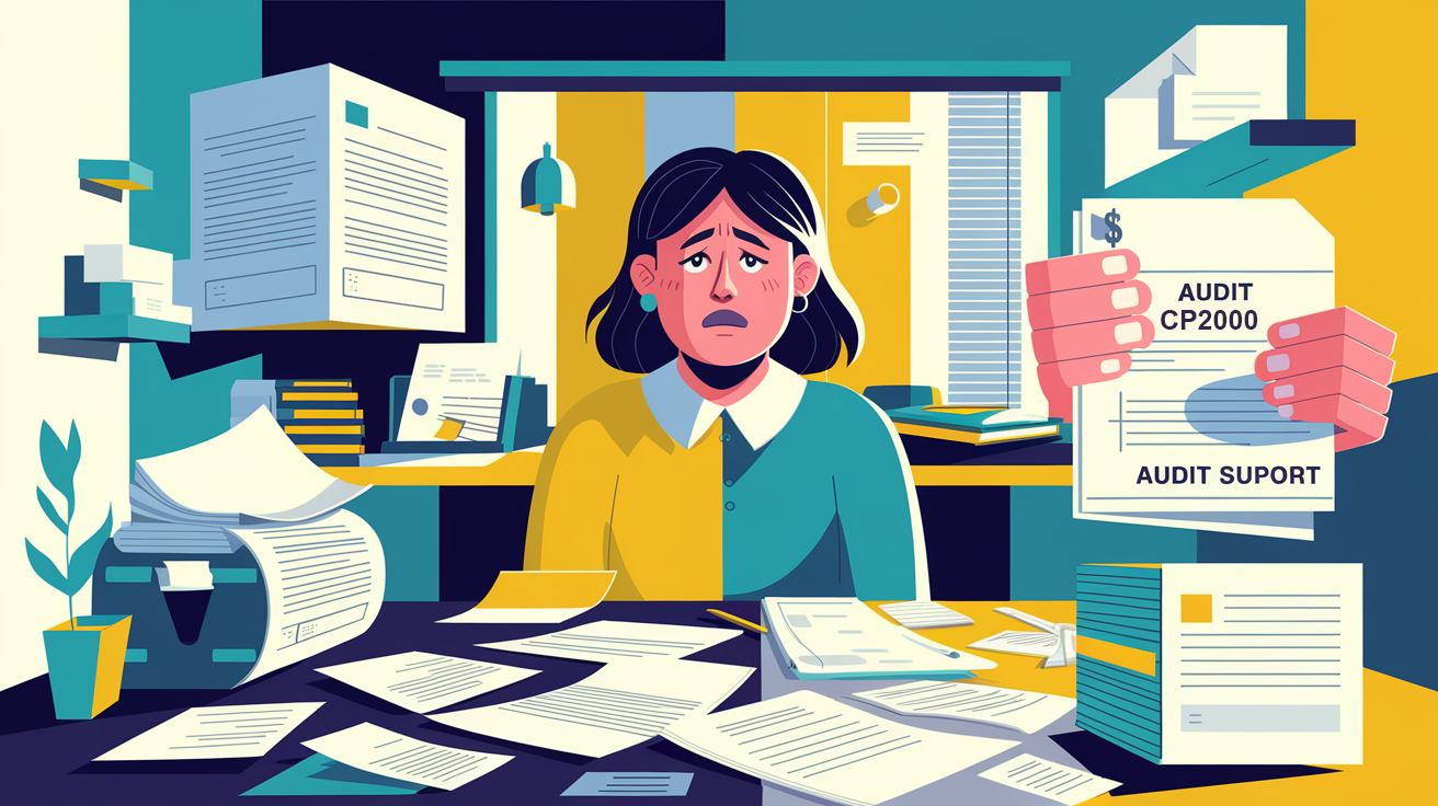 A block illustration contrasting a confused taxpayer with a calm tax expert who is organizing and explaining tax documents.