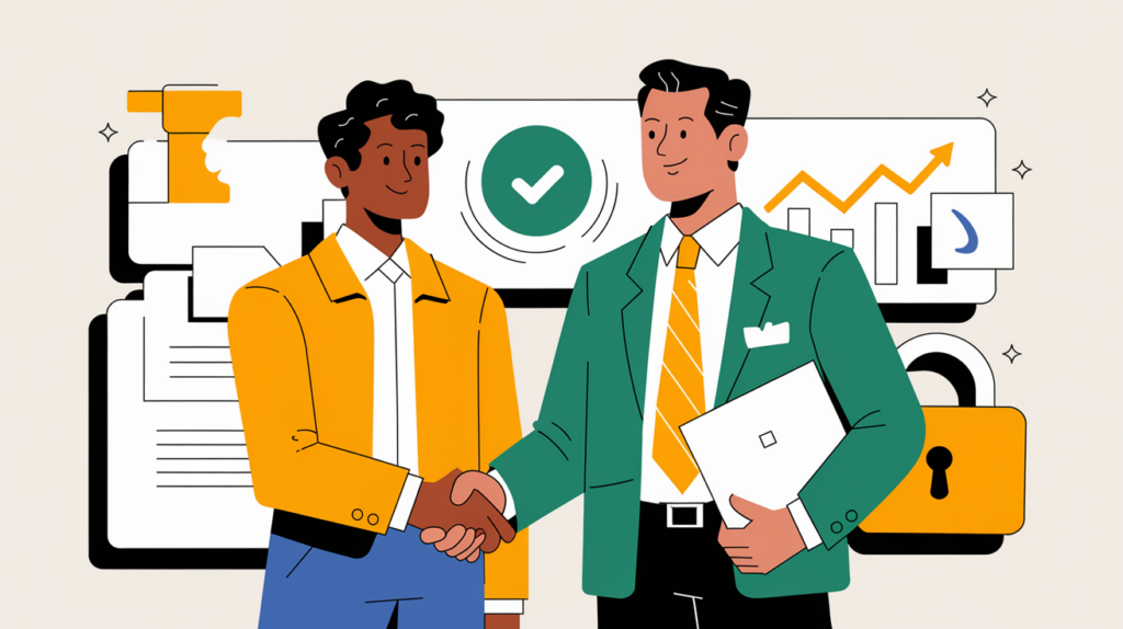 A taxpayer and a CPA shaking hands with positive symbols in the background.