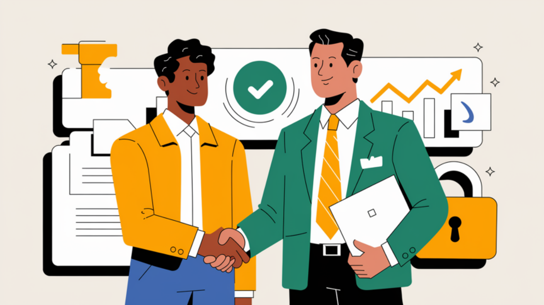 A taxpayer and a CPA shaking hands with positive symbols in the background.