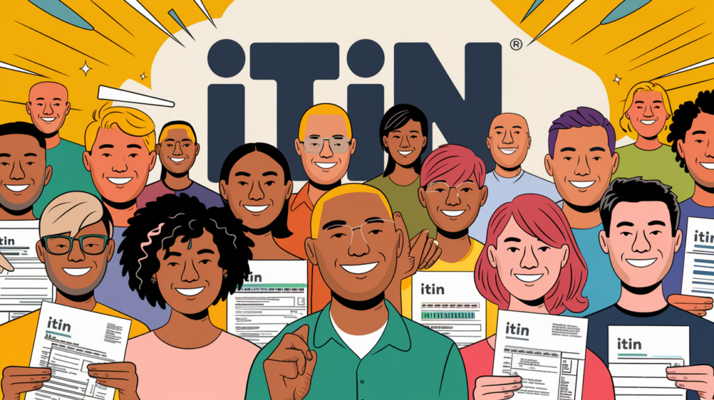 An advertising illustration of a diverse group of people smiling and holding tax documents, with a large "ITIN" graphic in the background.