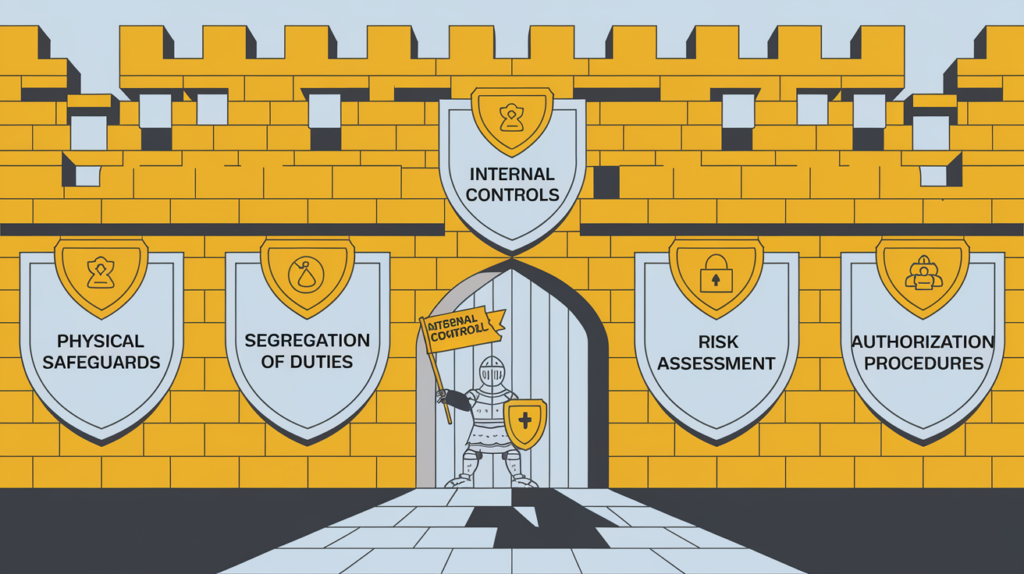 A block illustration of a castle protected by shields labeled with internal control components.