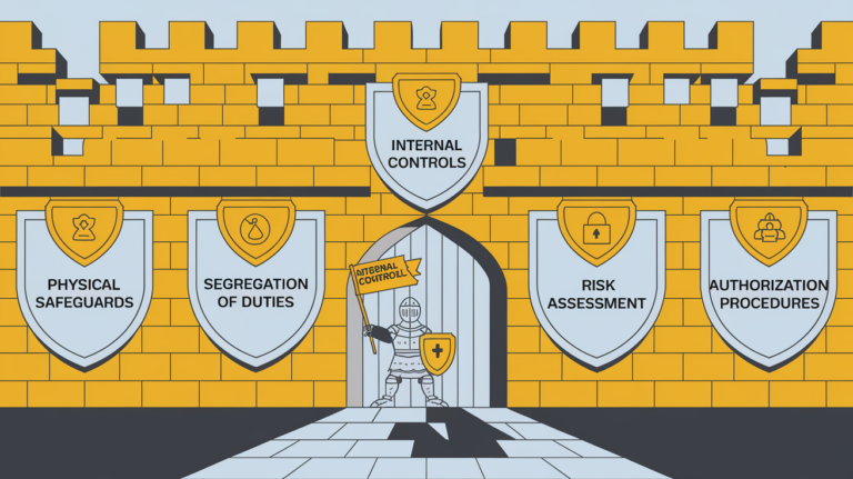 A block illustration of a castle protected by shields labeled with internal control components.